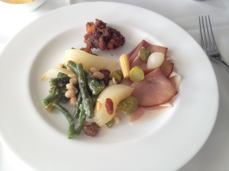 Holsteiner Katenschinken, smoked Ham with Gherkins and Pearl Onions, Beans and Pear Salad, Dried Fruit Chutney