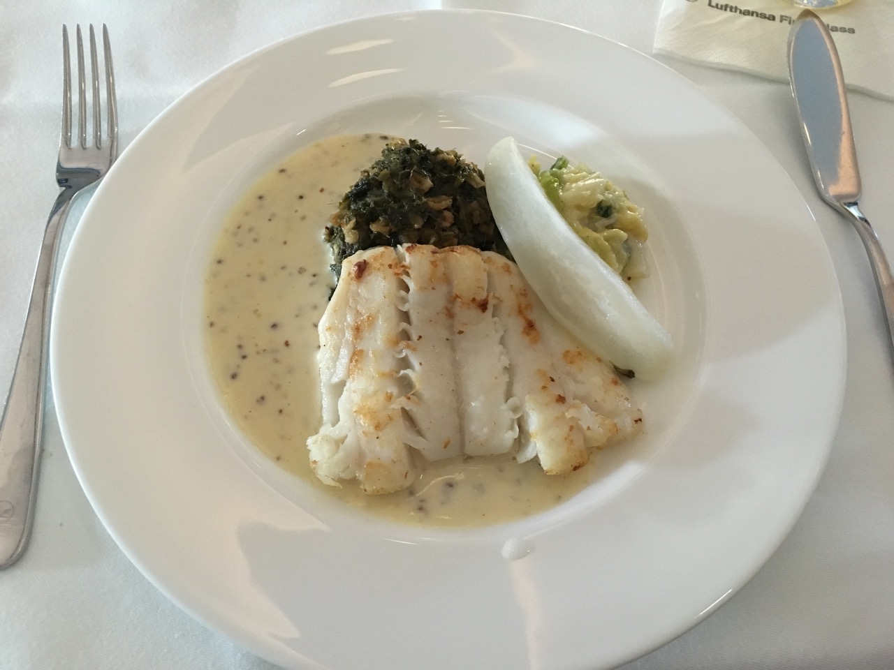 Fried Halibut with Mustard Sauce, Kale and Savoy Cabbage