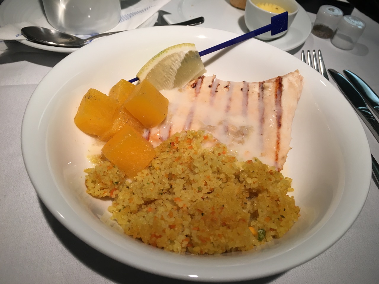 Fillet of Salmon - Creamy ginger sauce, vegetable couscous and roasted pumpkin with cardamom